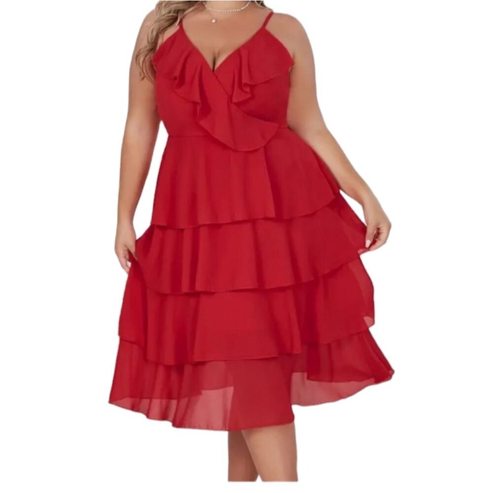 Eilly Bazar Red Sleeveless Ruffle Plus Party Dress 2XL
